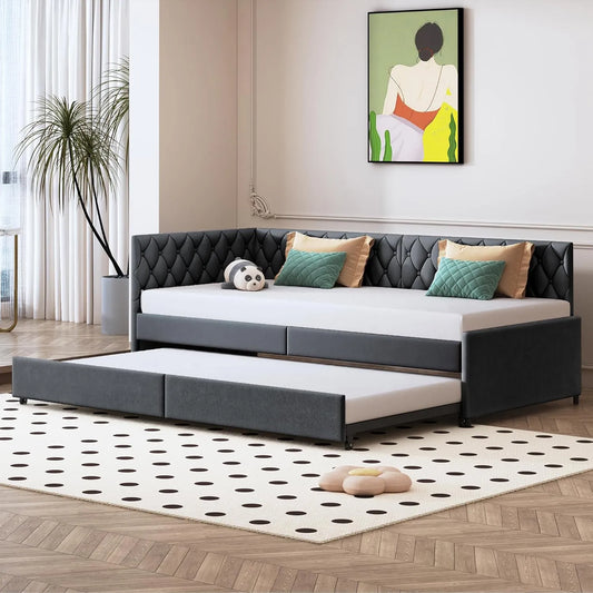 Łóżko tapicerowane i rama łóżka z obiciem — tapicerka aksamitna, 90 × 200 cm, szary, rozkładana konstrukcja, z metalu