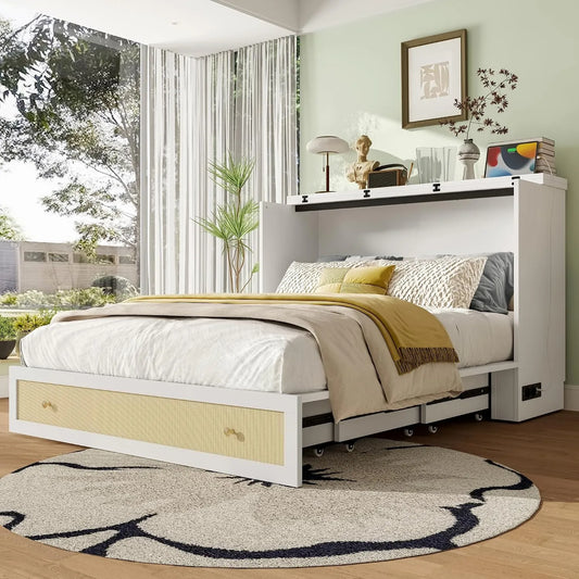 Murphy Mobilne łóżko 140x 200 cm z szufladami na końcu — z portem USB, 140 × 200 cm, biały, rozkładana konstrukcja