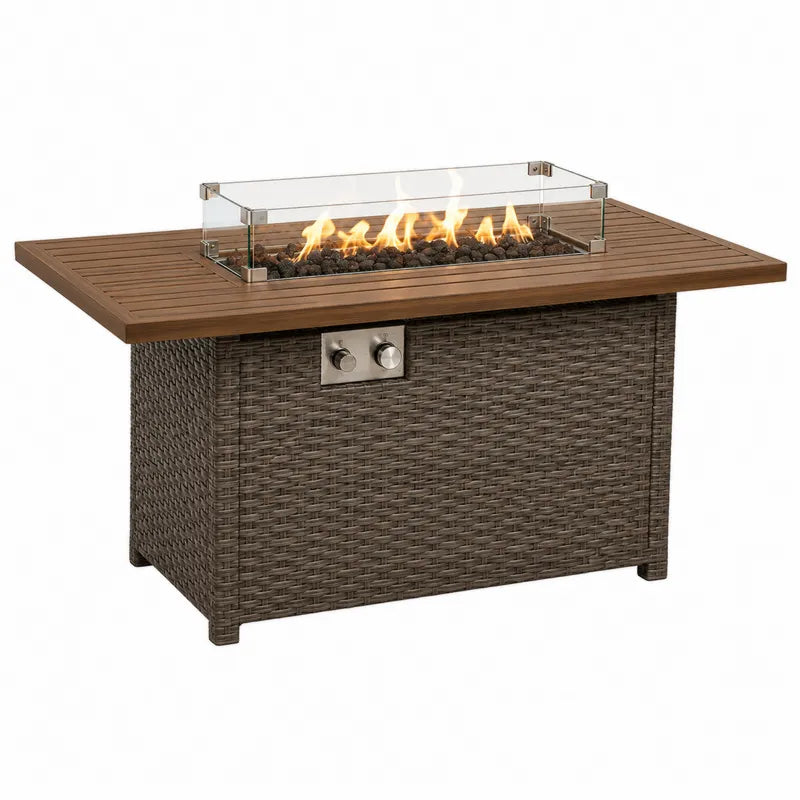 Stół ogrodowy z paleniskiem gazowym z szybą ze szkła hartowanego stal/rattan 120x80x60cm