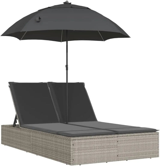 Podwójny leżak do opalania z poduszką i parasolem – z oparciem, z poduszkami, z technorattanu, regulowana konstrukcja