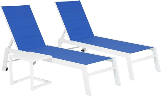 Zestaw 2 niebieskich tekstylnych i białych aluminiowych leżaków BARBADOS + — z aluminium
