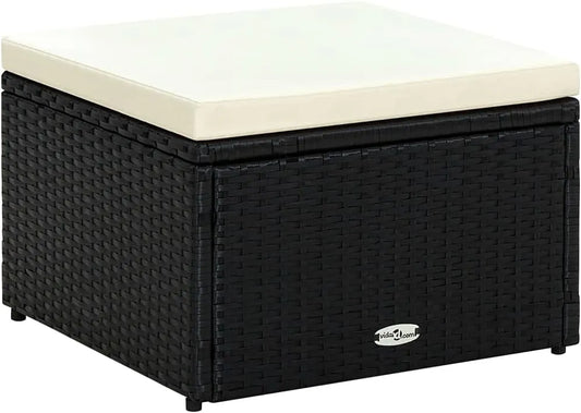Taboret z poduszką polirattanowy – z poduszkami, odporny na warunki atmosferyczne, z technorattanu, 53 × 53 × 30 cm, czarny, z metalu