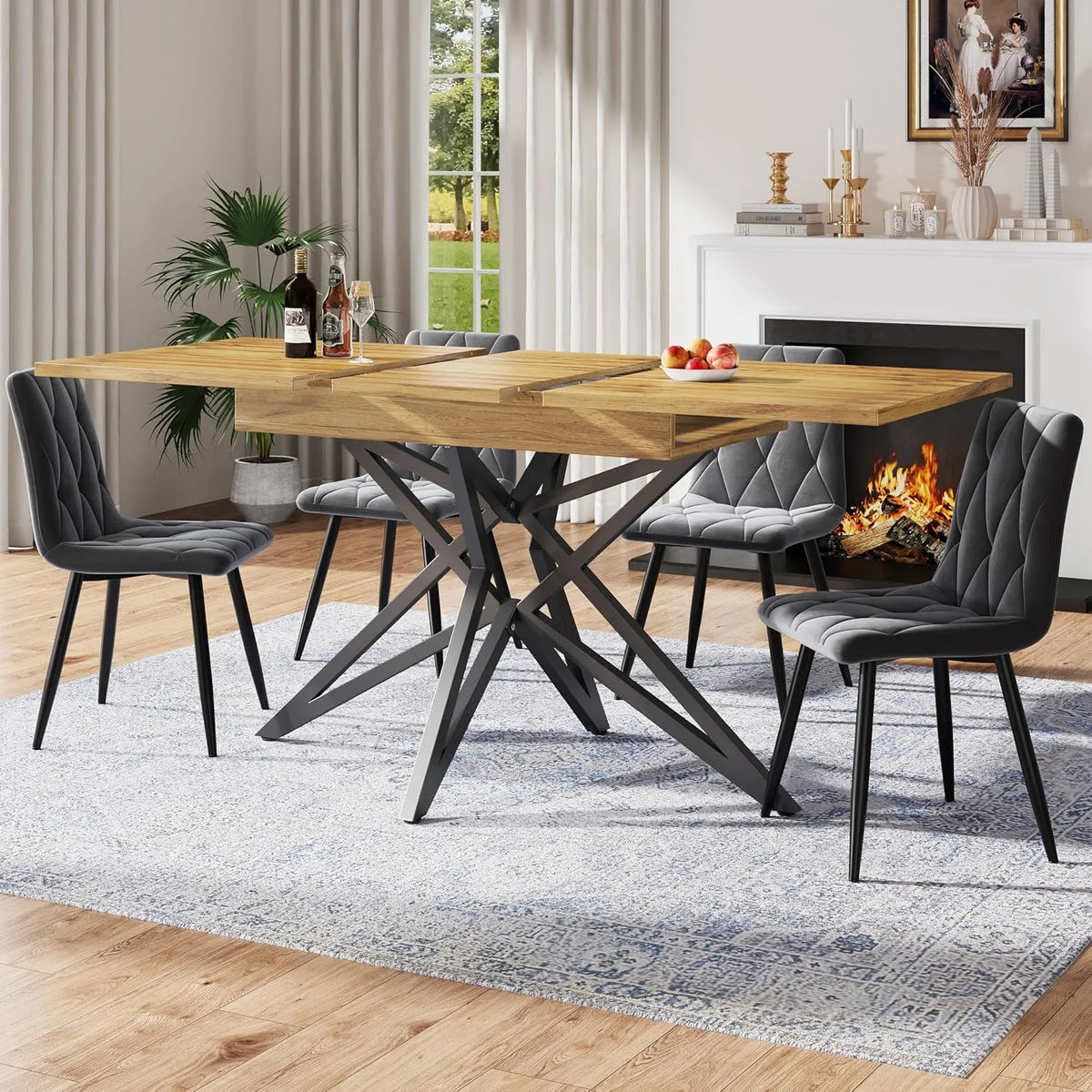 Zestaw do jadalni 120/160 × 68 cm stół do jadalni – tapicerka aksamitna, czarny, rozkładana konstrukcja