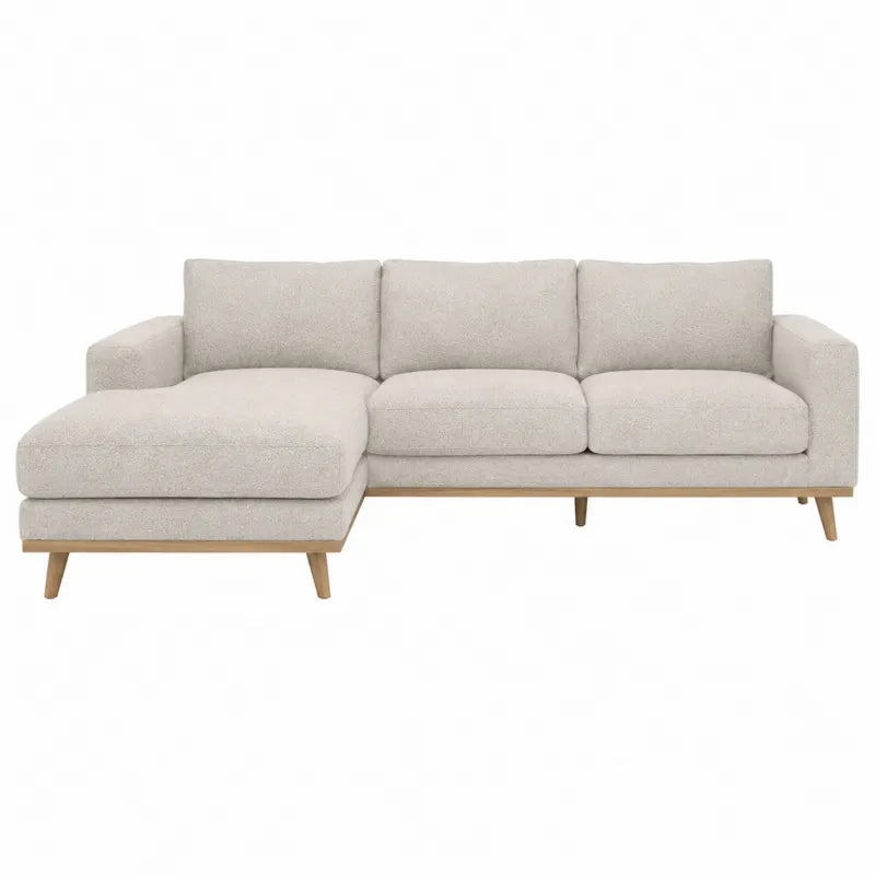 Narożna sofa z szezlongiem, beżowa tkanina i drewno dębowe