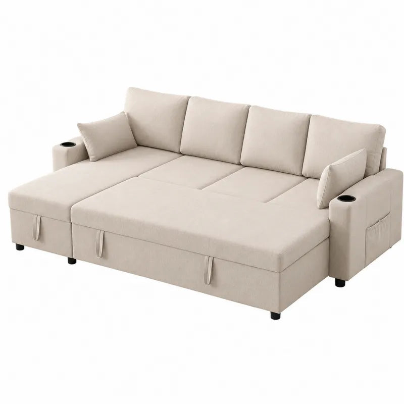 Beżowa sofa z funkcją spania z poliestru 250 cm
