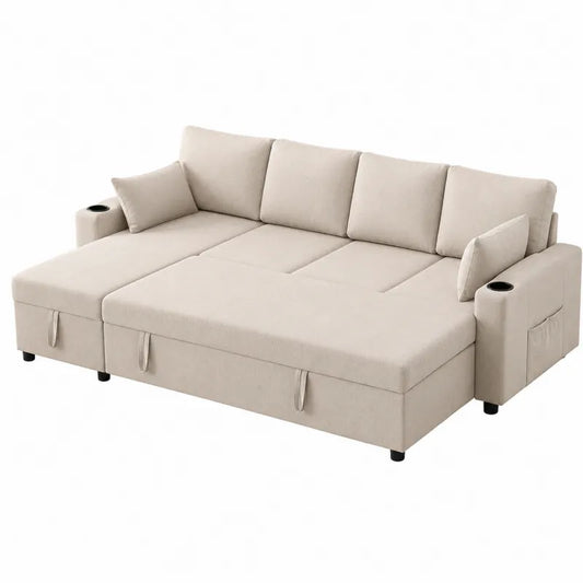 Beżowa sofa z funkcją spania z poliestru 250 cm