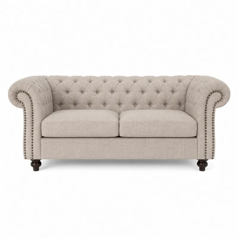 Sofa dwuosobowa Chesterfield z tkaniny lnianej beżowa