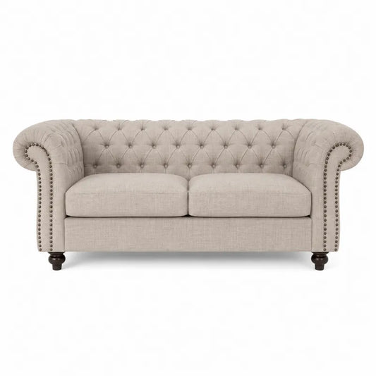 Sofa dwuosobowa Chesterfield z tkaniny lnianej beżowa