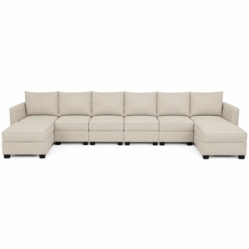 Modułowa sofa narożna 8-osobowa z tkaniny lnianej w kolorze beżowym
