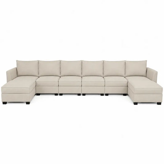 Modułowa sofa narożna 8-osobowa z tkaniny lnianej w kolorze beżowym